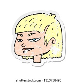 retro distressed sticker of a cartoon mean looking girl