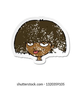 retro distressed sticker of a cartoon mean female face