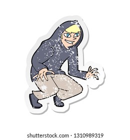 retro distressed sticker of a cartoon mischievous boy in hooded top