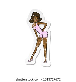 retro distressed sticker of a cartoon model woman posing