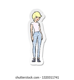retro distressed sticker of a cartoon modern attractive woman