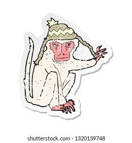 pegatina retro angustiada de un mono de dibujos animados con sombrero