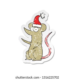retro distressed sticker of a cartoon mouse wearing christmas hat