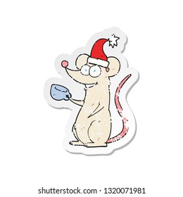 pegatina retro angustiada de un ratón de dibujos animados con sombrero de navidad
