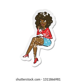 retro distressed sticker of a cartoon office woman sitting