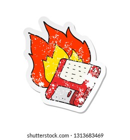 retro distressed sticker of a cartoon old computer disk burning