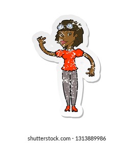 retro distressed sticker of a cartoon pilot woman waving
