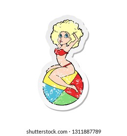 retro distressed sticker of a cartoon pin up girl sitting on ball