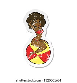 retro distressed sticker of a cartoon pin up girl sitting on ball