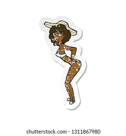 retro distressed sticker of a cartoon pin-up beach girl