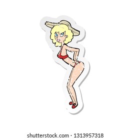 retro distressed sticker of a cartoon pin-up beach girl