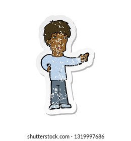 retro distressed sticker of a cartoon pointing man