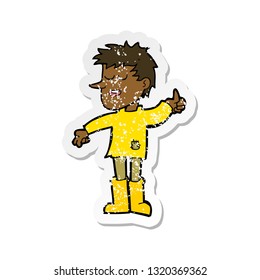 retro distressed sticker of a cartoon poor boy with positive attitude