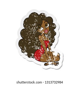 retro distressed sticker of a cartoon pretty woman