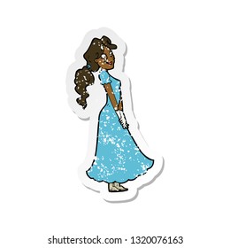 retro distressed sticker of a cartoon pretty woman in dress