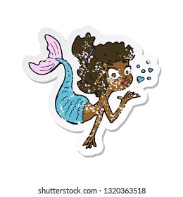 retro distressed sticker of a cartoon pretty mermaid