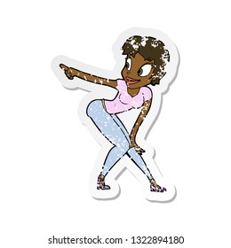 retro distressed sticker of a cartoon pretty woman pointing