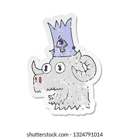 retro distressed sticker of a cartoon ram head with magical crown