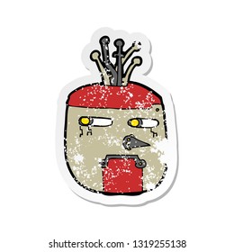 pegatina retro angustiada de la cabeza de un robot de dibujos animados