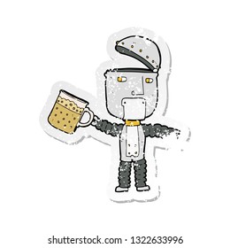 retro distressed sticker of a cartoon robot drinking beer