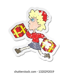 retro distressed sticker of a cartoon running woman with presents