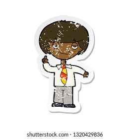 retro distressed sticker of a cartoon school boy answering question