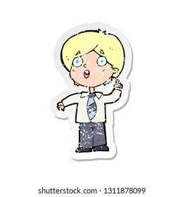 retro distressed sticker of a cartoon schoolboy answering question