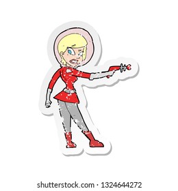 pegatina retro angustiada de una niña de ciencia ficción de caricatura