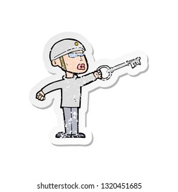 retro distressed sticker of a cartoon security guy with key
