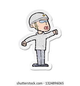 pegatina retro angustiada de un tipo de seguridad de caricatura