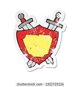 retro distressed sticker of a cartoon shield and swords