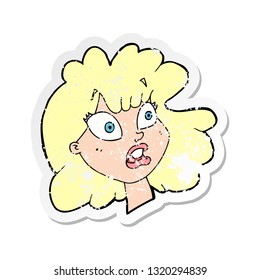 retro distressed sticker of a cartoon shocked female face