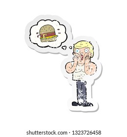 retro distressed sticker of a cartoon shocked man thinking about junk food