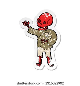 retro distressed sticker of a cartoon skeleton waving