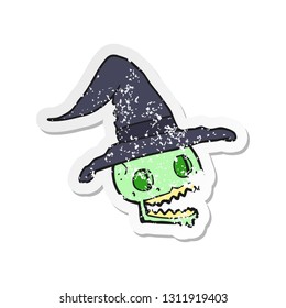 retro distressed sticker of a cartoon skull wearing witch hat