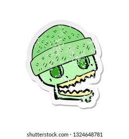 retro distressed sticker of a cartoon skull wearing hat