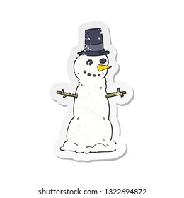retro distressed sticker cartoon snowman in top hat