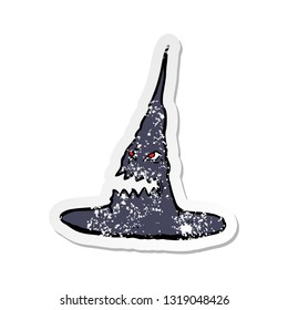 retro distressed sticker of a cartoon spooky witches hat