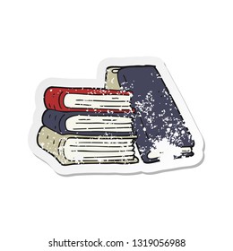 adesivo retro angustiado de uma pilha de livros de desenhos animados