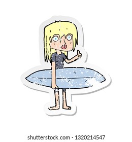 retro distressed sticker of a cartoon surfer girl