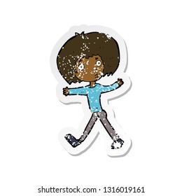 retro distressed sticker of a cartoon surprised man walking