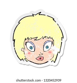 retro distressed sticker of a cartoon surprised female face