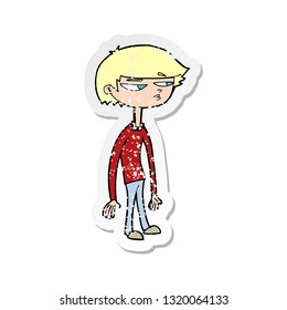 retro distressed sticker of a cartoon suspicious boy