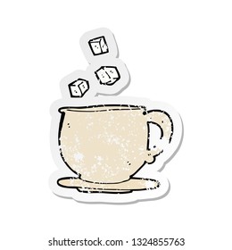 retro distressed sticker of a cartoon teacup with sugar cubes