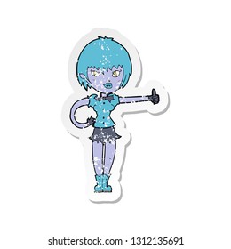 retro distressed sticker of a cartoon vampire girl giving thumbs up sign