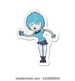 retro distressed sticker of a cartoon vampire girl welcoming