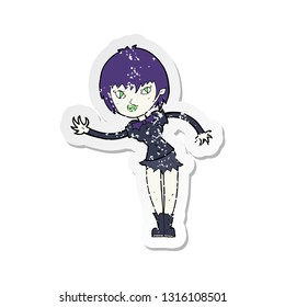 retro distressed sticker of a cartoon vampire girl welcoming