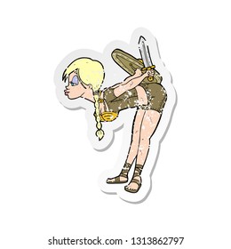 retro distressed sticker of a cartoon viking girl bowing