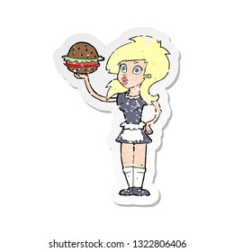 retro distressed sticker of a cartoon waitress with burger