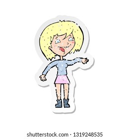 retro distressed sticker of a cartoon waving woman